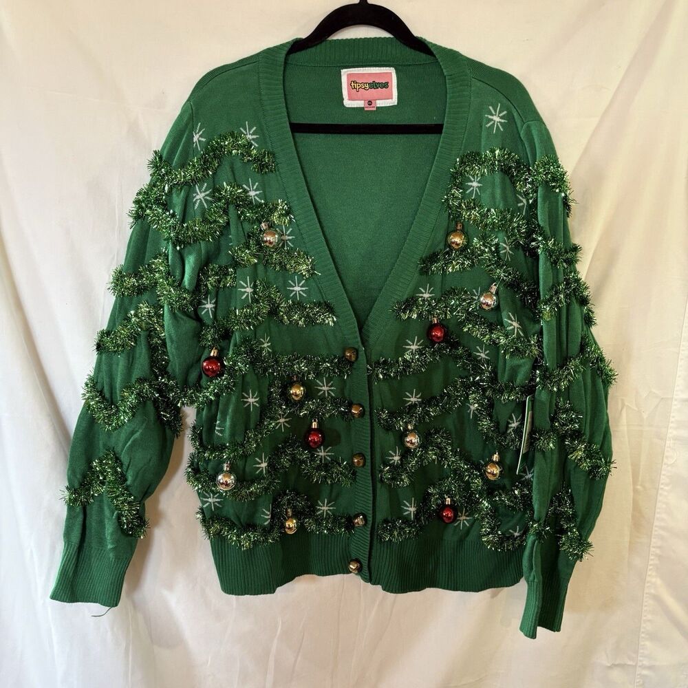Tipsy Elves Large Ugly Christmas Sweater Gaudy Garland W/ Bells Ornaments New 2X
